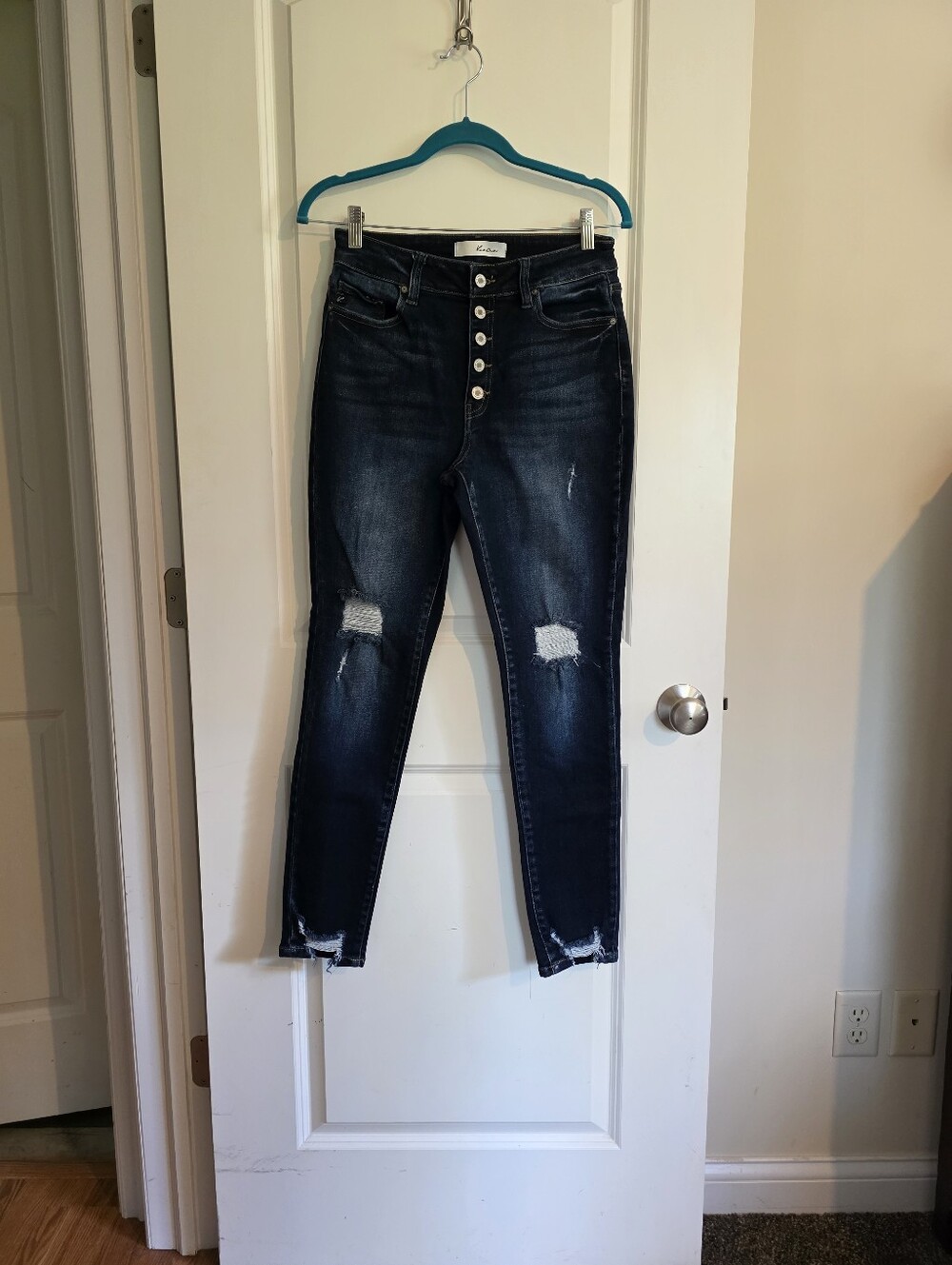 KanCan High Rise Stretch Dark Wash Distressed Blue Denim Jeans Size 11